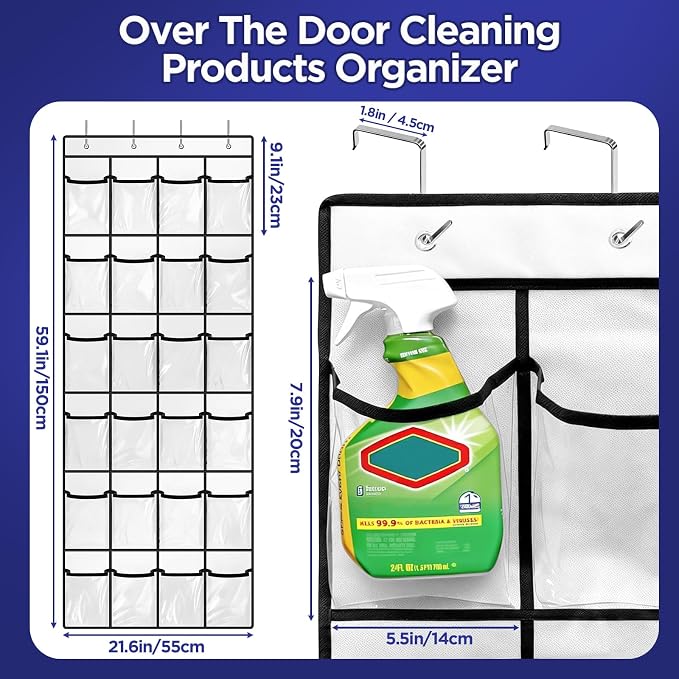 Clear Cleaning Supplies Organizer,Cleaning Products 24 Large Pockets | Over The Door All Purpose Cleaner Holder for Laundry Bathroom, Auto Glass Cleaner Organizer for Garage,Spray Bottle Holder - Image 3