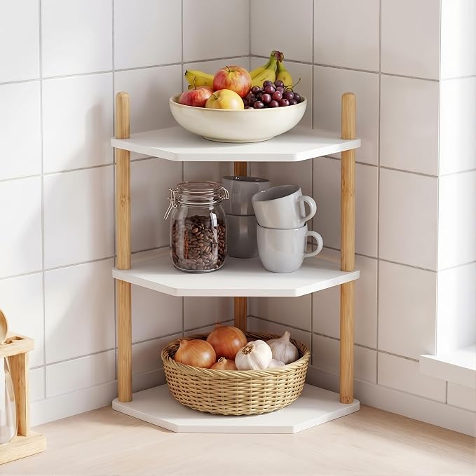 3-Tier Bamboo Corner Shelf,Kitchen Countertop Organizer,Corner Countertop Organizer Shelf, Coffee Bar Organizer,Coffee Bar Accessories,for Kitchen, Pantry, Organizers and Storage,White by WooFawn