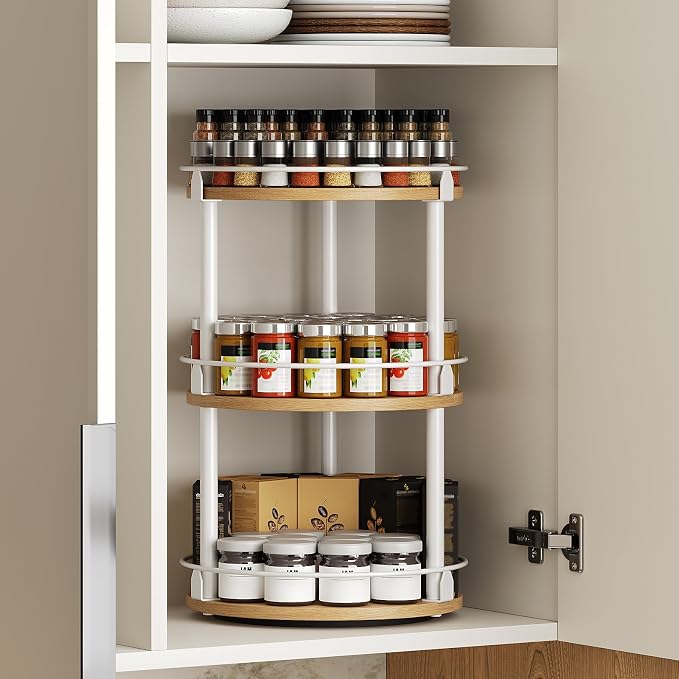 3-Tier Lazy Susan Organizer, Rotating Spice Rack, Spinning Organizer, Industrial Turntable Spice Rack Organizer for Cabinet, Kitchen Countertop, Pantry, White and Natural SR23WN - Image 3