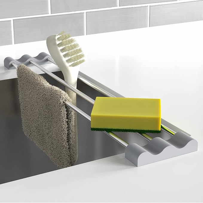 Tomorotec Adjustable Over-The-Sink Kitchen Rack, BPA-Free, Gray | Holds 16.5 Lbs; For Dishcloths, Sponges, and Brushes - Heat-Resistant Stainless Steel with Slim, Expandable Design by Tomorotec