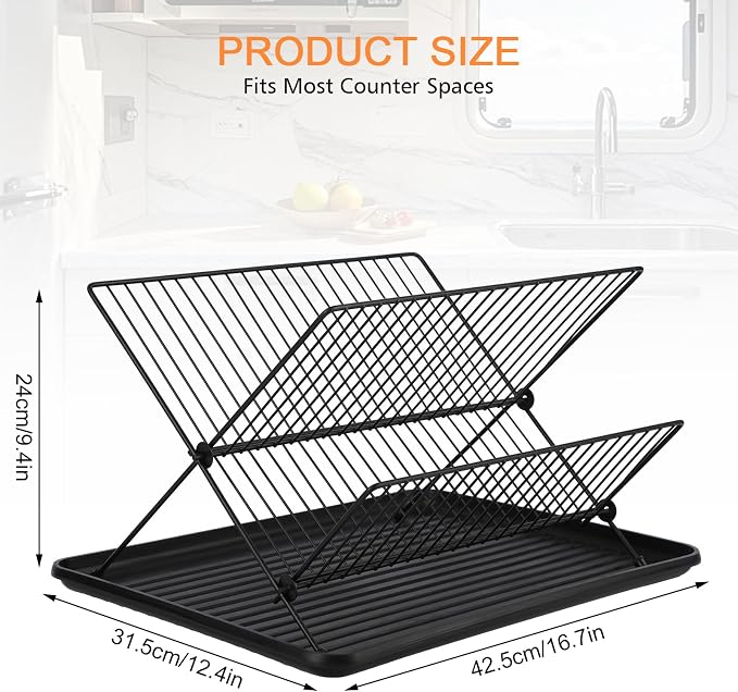 RV Foldable Dish Drying Rack, 2-Tier with Drip Tray, Stainless Steel Collapsible Rack for Sink & Kitchen Countertop, Space-Saving Dish Drainer Organizer for Dishes, Bowls, Plates, Cups - Image 3