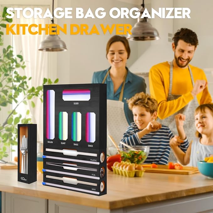 9 in 1 Foil and Plastic Wrap Dispenser with Cutter, Black Bamboo Ziplock Bag Organizer for Drawer - Holds Gallon, Quart Bags & Aluminum Foil/Wax Paper, Wall Mountable Kitchen Storage - Image 7