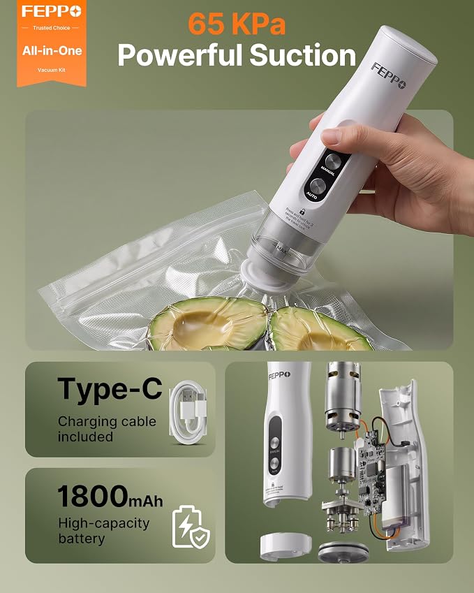 FEPPO Compact Vacuum Sealer for Food (Vacuum Sealer Machine + 3 Containers + 10 Reusable Bags), Anti-Overflow Powerful Portable Handheld Food Sealer, Auto & Manual Modes, Travel Lock, Easy-Clean - Image 4