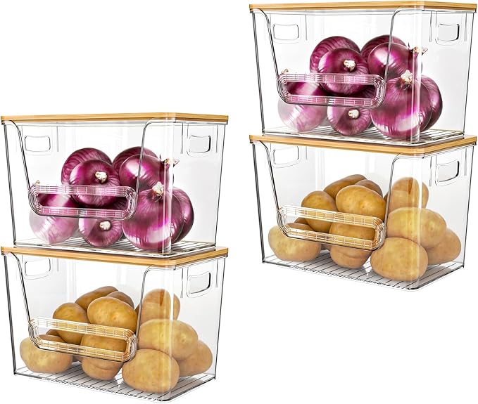 Delamu 4 Pack Pantry Organizers and Storage,Trash Bag Dispenser with Bamboo Top,Stackable Trash Bag Dispenser Under Sink Organizer for 4-30 GalBags,Onion,Potato,Fruits,Clear by DELAMU