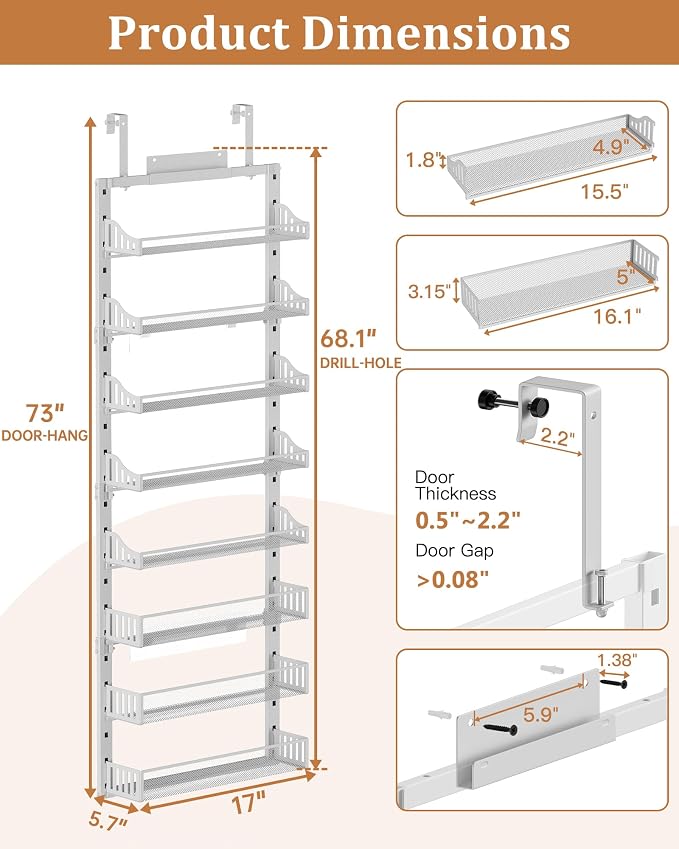POKIPO Over the Door Pantry Organizer 8-Tier, Large Metal Door Spice Rack with Adjustable Basket, 2 in 1 Wall Mount or Hanging Heavy-Duty Pantry Door Storage Shelf for Kitchen and Bathroom, White - Image 7