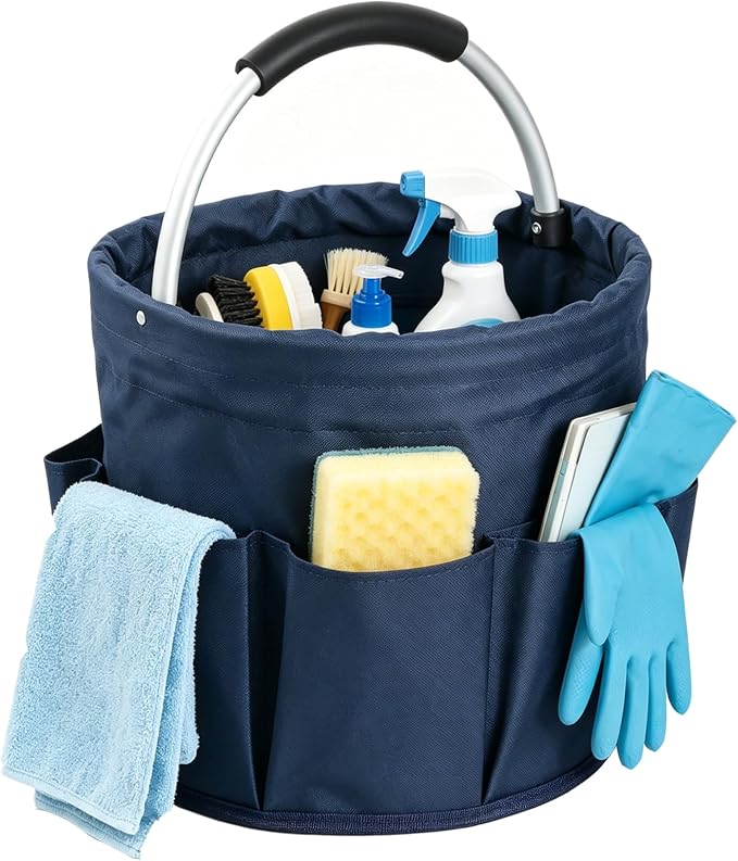17L Cleaning Caddy with Handle, Portable Shower Caddy in 600D Oxford Fabric, Bucket Tool Organizer with 6 Side Pockets, Collapsible Storage Basket for Cleaning, Camping, Navy Blue by IHOMAGIC