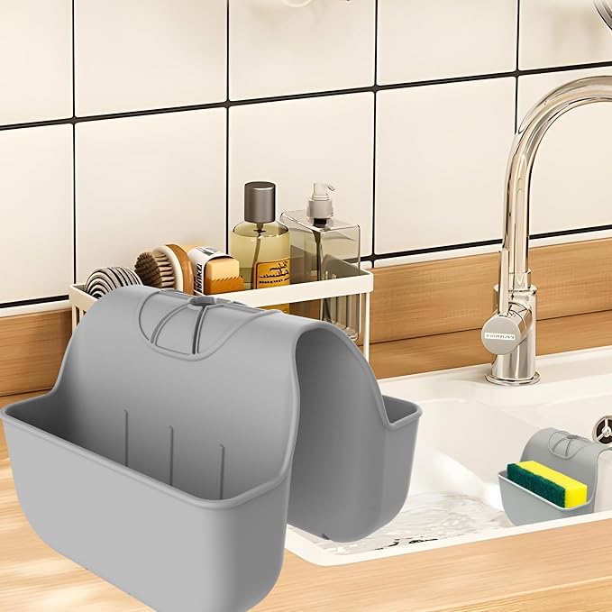 Sponge Holder for Kitchen Sink, Silicone Sink Saddle Caddy Organizer Rack, Sponges Holder Over Faucet, Hanging Kitchen Organizer Accessories Rack Basket Gray by Unknown