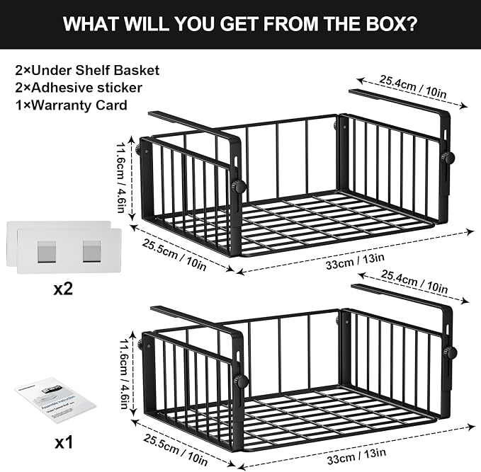 AmonHouseware 2Pack Under Shelf Storage Basket Organizer, Black | Adjustable Hanging,Under Cabinet Add-on, Slide-in Baskets, for Laundry Room Kitchen Pantry Desk Bookshelf Counter Cupboard - Image 6
