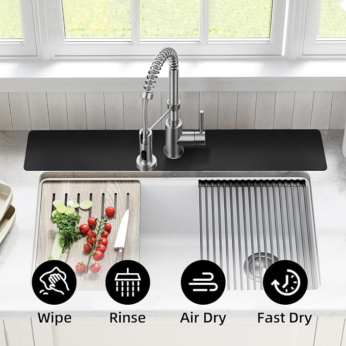 LOPNUR Cuttable Faucet Mat for Kitchen Sink, Extra Long 29 Inch, Black | Super Absorbent & Fast Dry Diatomite Sink Splash Guard, 0.8-2.4 Inch Adjustable Faucet Hole, Cut to Fit Bathroom & RV Sinks - Image 4