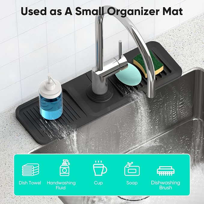 17.7inch Faucet Mat for Kitchen Sink [5°Slope Fast Self-draining] Kitchen Sink Splash Guard Silicone Kitchen Sink Faucet Mat Splash Guard for Kitchen Sink Area Tidy Splash Faucet Guard Draining Mat - Image 6