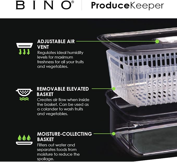 BINO | Produce Saver - 15.2 Cup/3.6L | Fridge Storage Containers for Fruits and Vegetables | Vegetable Storage with Adjustable Air Vent, Removable Basket | BPA-Free Fridge Organizers and Storage - Image 3