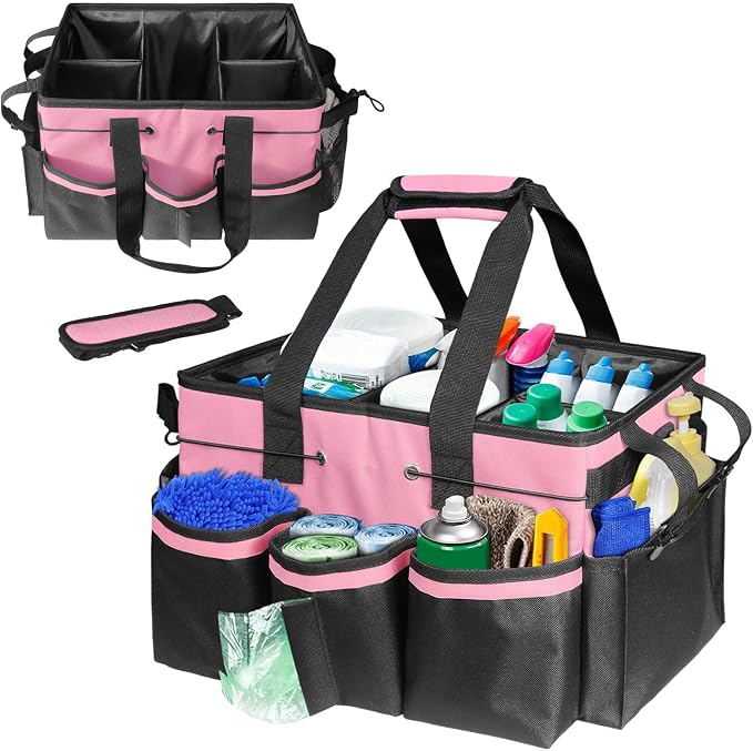Cleaning Caddy Tote with Removable Dividers - 17.8x12.2x9.3in Waterproof Tool Organizer Bag with Handles & Adjustable Shoulder Strap for Housekeepers, Cleaners & Car Detailing Supplies (Pink) by Jenlan