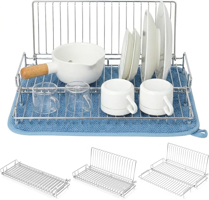 Collapsible Dish Drying Rack, Foldable Dishes Rack for RV Travel Trailer | JM.JEEMI Folding & Camping Dish Drainer with Absorbent Mat, Compact Space Saving Kitchen Organizer, Stainless Steel, Silver by JMJEEMI