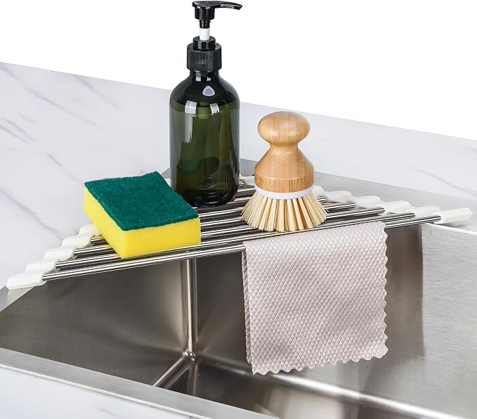 Tomorotec Triangle Roll-Up Dish Drying Rack Sink Corner Small Foldable Stainless Steel Over The Sink Multipurpose Kitchen Drainer Caddy Organizer Storage Shelf Holder (Coconut Milk White) | BPA-Free Food-Grade Silicone Edges Foldable Waterproof Rustpro... by Tomorotec