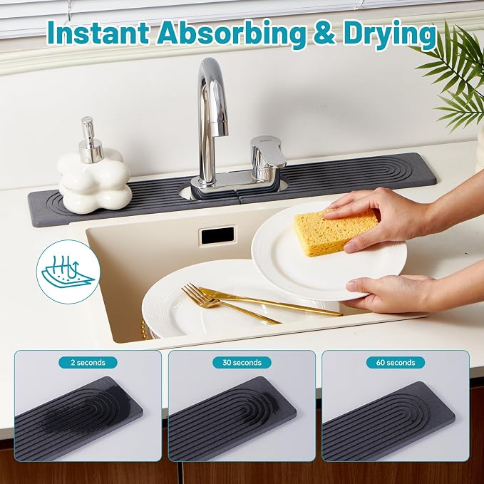Stone Faucet Mat for Kitchen Sink Oval Hole Bathroom sink splash guard | Water-Absorbing Diatomite Stone Drying Mat & Sink Protectors Absorbent Stone Tray for Bathroom Counter, Oval Hole 6.5" x 2.5" - Image 6