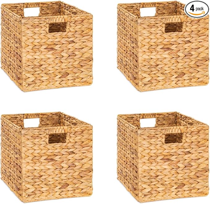 M4DECOR 12x12x12 Storage Cube, Water Hyacinth Storage Baskets, Wicker Storage Baskets for Shelves, Woven Baskets for Storage, Square Wicker Storage Basket for Bedroom, Living Room (4 Packs 12x12in) by M4DECOR