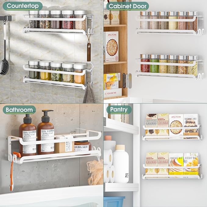 LUCYCAZ 2 Pack Wall Mounted Spice Rack for Spice Jars & Seasonings (White) | 8 Metal Hooks, Space-Saving,Screw or Adhesive Spice Shelf Hanging,for Kitchen Cabinet,Pantry Door,RV,Camper Spice Orgnaizer - Image 8