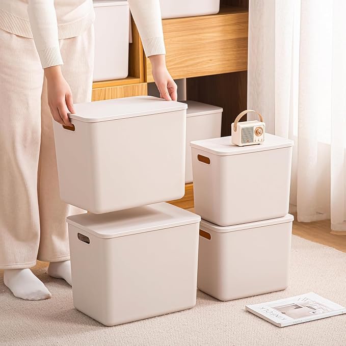 4 Piece Plastic Storage Bins with Lids,11.8 x 8 x10 Inch Versatile Kitchen Pantry Organization and Storage,for Plastic Storage Container Under Bed,Under Sink Bathroom Organizer (Light grey, 4L) - Image 4