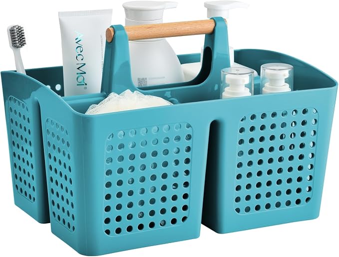 Portable Shower Caddy Basket with 3 Compartments and Handle, Teal | Plastic Divided Toiletry Caddy for Pools, Gyms, Beaches, Campgrounds, RVs, Travel and Shared Bathrooms by PAKCHOICE