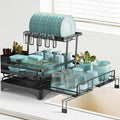 AULEEP 2-Tier Foldable Dish Drying Rack for Kitchen Counter Over the Sink | Expandable Anti-Rust Large Drainers 2-in-1 Pull Out Design with Drying Mat, Cups & Kitchen Utensil Holder by AULEEP