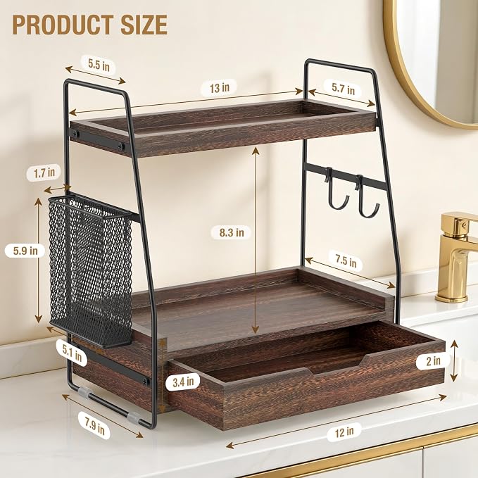 2-Tier Bathroom Counter Organizer with Drawer, Wood Counter Storage Shelf | Bathroom Vanity Organizer Countertop for Makeup, Skincare, Perfume, with Removable Basket, 13.4" x 7.9" x 14.5", Dark Brown - Image 2