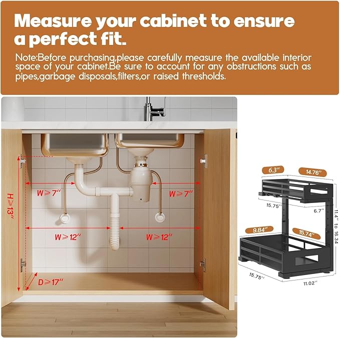 2-Pack Under Sink Organizer and Storage,2-Tier L Shape Pull Out Cabinet Organizer With Round Tube Slide Rails,Hight Adjustable Slide Out Drawers for Kitchen&Bathroom,Multi-Purpose Shelf-Black - Image 2