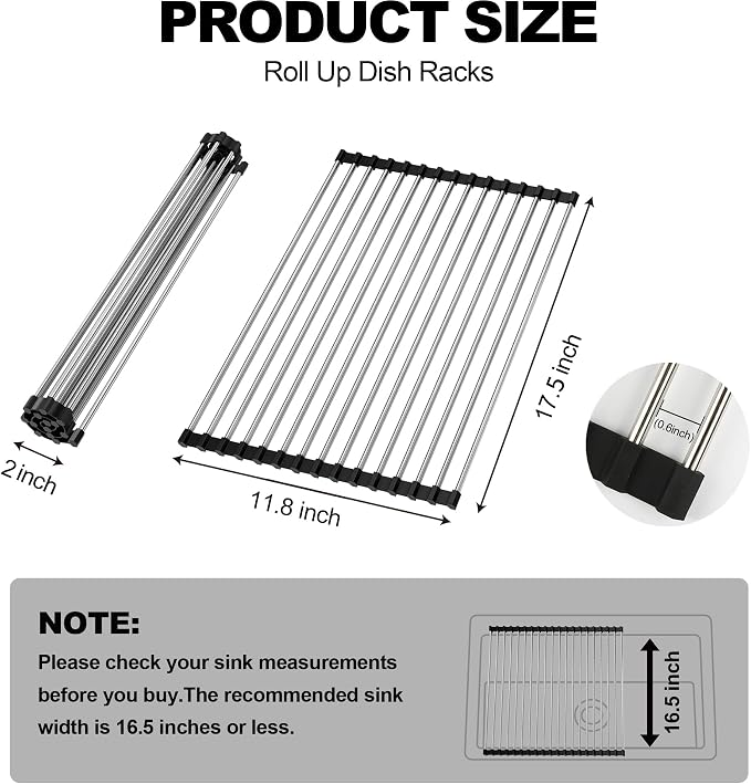 NEZUIBAN Dish Drying Rack with Roll Up and Over Sink for Kitchen,17.5"x11.8",Black - Image 5