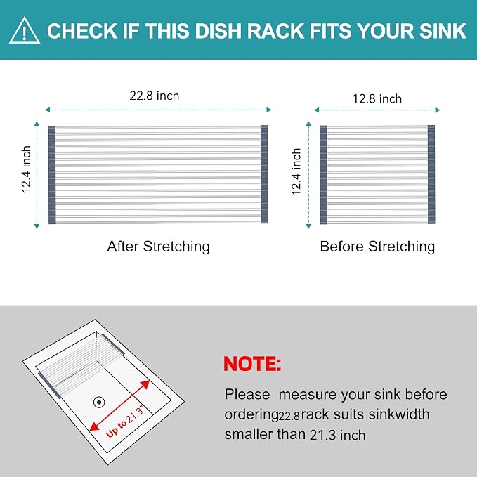 BBXTYLY Extra Large Expandable Roll Up Dish Drying Rack,Over The Sink Drying Rack Sink Cover Kitchen Sink Accessories Kitchen Rolling up Stainless Steel Drainer, Foldable,Rollable（Gray，22.8''-12.4''） - Image 2
