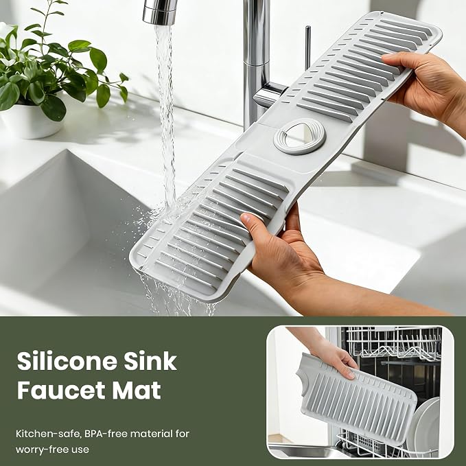 24 Inch Faucet Mat for Kitchen Sink, Silicone Splash Guard for Kitchen Sink Area, 7° Slope Fast Self-Draining Sink Mat, Cuttable Hole Design, Sink Backsplash Guard Draining Mat, Grey - Image 7