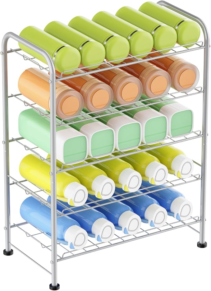 Water Bottle Holder Organizer 5 Tier Water Bottle Storage Rack, Freestanding Floor Beverage Soda Can Dispenser Organizer Rack for Pantry, Kitchen Countertop, Cabinet, Office, Hold 30 Bottles, Silver - Image 4