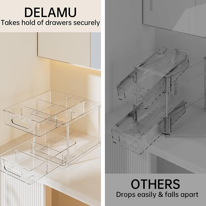 Delamu 2 Tier Under Sink Organizer Bathroom, Bathroom Cabinet Organizer with Snap-Lock Design and Hooks, Pull Out Storage with Movable Dividers, for Countertop, Kitchen and Pantry (Clear, 2 Pack) - Image 6
