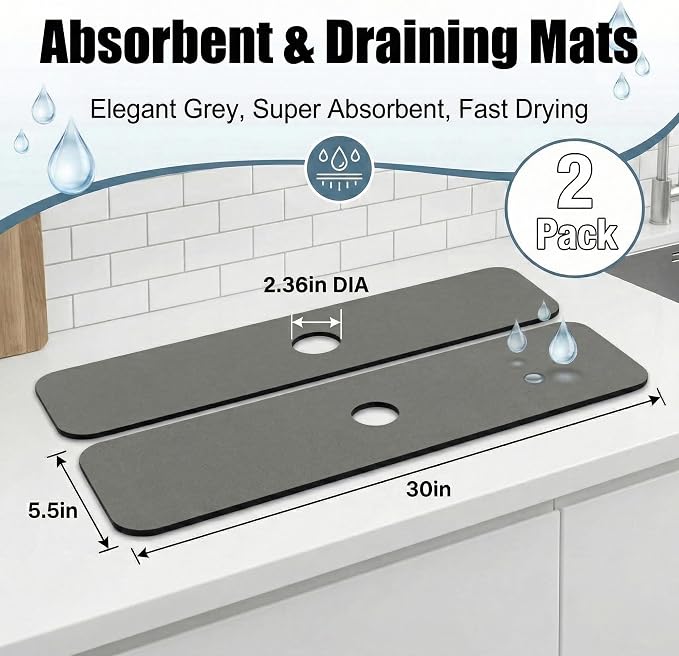 Cuttable Kitchen Sink Faucet Mat: 2PCS 30"Lx5.5"W DIY Splash Guard for Irregular Sink 2, 3 holes, Soap Dispenser & Air Gap - Bathroom Counter Protector Drip Catcher with Pre-Cut Center Hole, Grey - Image 2