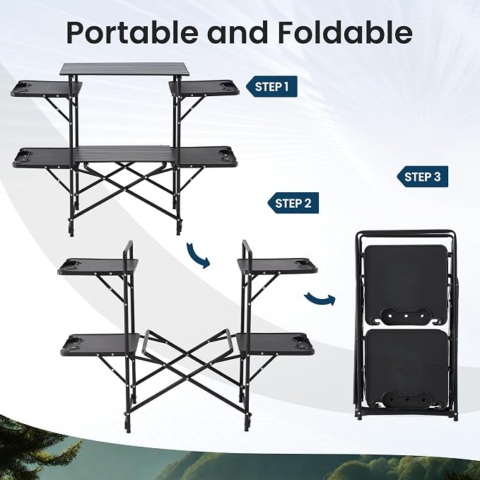 Slim-Fold Camping Kitchen Table, Metal Folding Portable Outdoor Cook Station with 4 Side Tables, 2 Storage Shelves & Carrying Bag, Heat Resistant for Picnic BBQ,Upgraded Black - Image 4