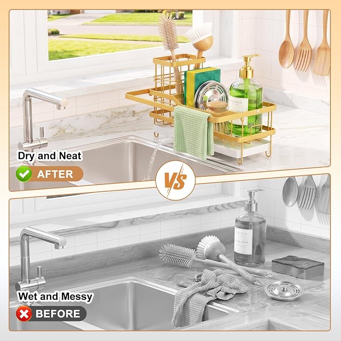 Sponge Holder for Kitchen Sink, Self-draining Sink Caddy, Gold | Metal Countertop Organizer with Towel Rack & Brush Holder, Rustproof Sink Storage Rack for Dish Soap and Cleaning Essentials - Image 5