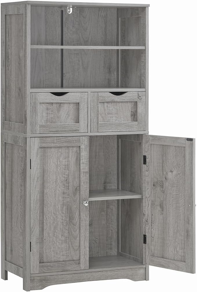 Iwell Storage Cabinet with 2 Drawers & Adjustable Shelf, Tall Bathroom Cabinet with Doors, Cupboard, Kitchen Cabinets for Living Room, Dining Room, Entryway, Grey by IWELL
