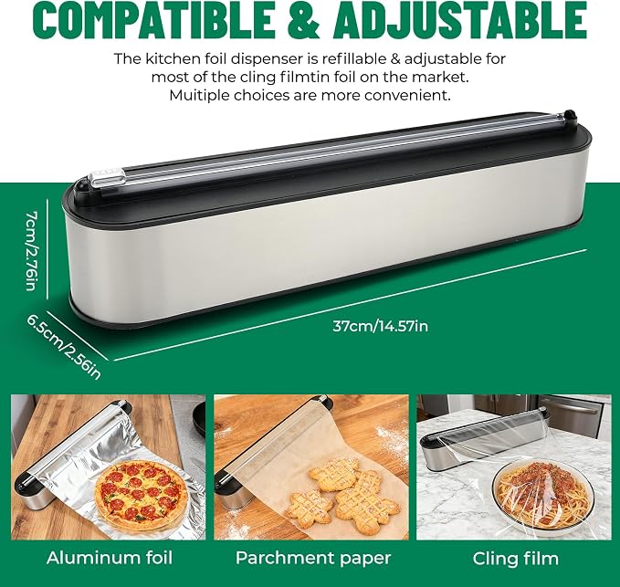 Stainless Steel & Plastic Wrap Dispenser with Cutter, Magnetic No-Drill Wall Mount Aluminum Foil Holder with Slide Cutter, for Cabinets, Space-Saving Kitchen Organizer (Silvery-Stainless Steel) - Image 2