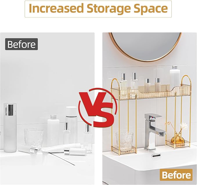 YCIA&DONE Bathroom Countertop Organizer Over The Faucet, Narrow Counter Organizers Above Sink, Table Mounted Faucet Sink Shelf for Kitchen, Toilet, Laundry(Amber Gold) - Image 7