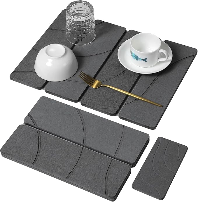 Small Stone Dish Drying Mat for Kitchen Counter, 2 PCS 16"×12" & 8"x4" Quick Dry Stone Mats, Foldable Water Absorbing Diatomite Drying Dish Pad for Countertop Bottles Utensils Cups(Carved Gray) by linidcoudhome