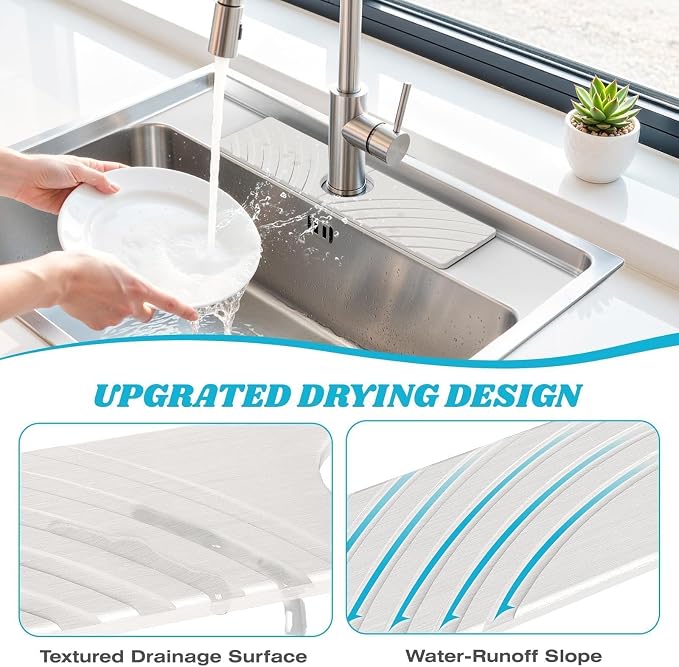 SpaceHacks Stone Faucet Mat for Kitchen Sink 15.7x4 in, White | Fast Drying Diatomite Stone Drying Mat, Water Splash Guard, Textured Drainage Sink Protector, Suits Bathroom&Kitchen Counter - Image 3