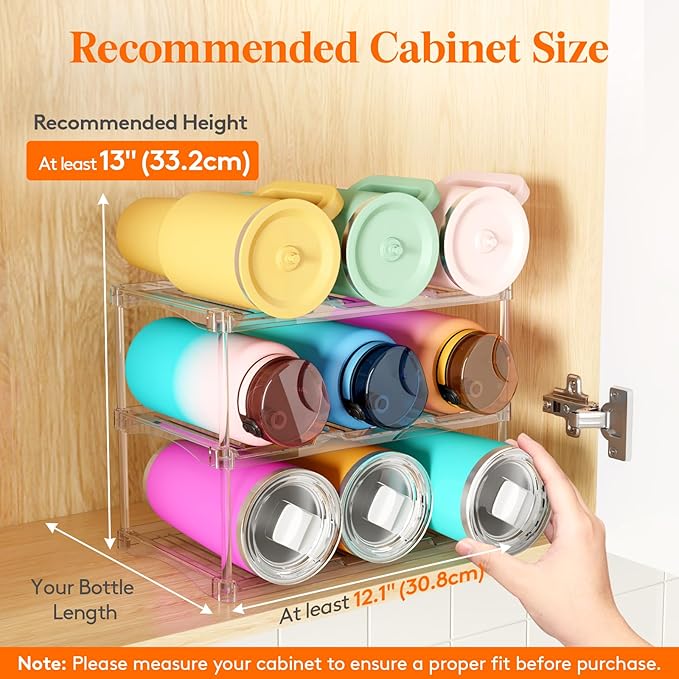 Lifewit Stackable Bottle Storage Organizer, Clear Freestanding Wine Holder for Cabinet, Large Slot Water Bottle Tumbler Cup Organizer for Pantry, Plastic Wine Rack for Fridge Cellar, 3Tier Hold 9 - Image 3