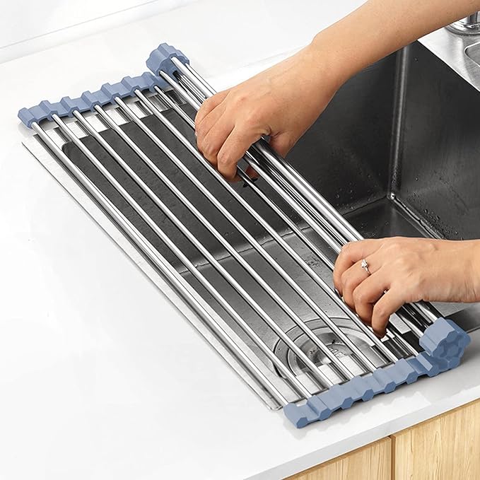 Over The Sink Dish Drying Rack, Roll Up Dish Drying Rack Kitchen Dish Rack Stainless Steel Sink Drying Rack, Foldable Dish Drainer, Gray (20.4''x13.7'') by MECHEER