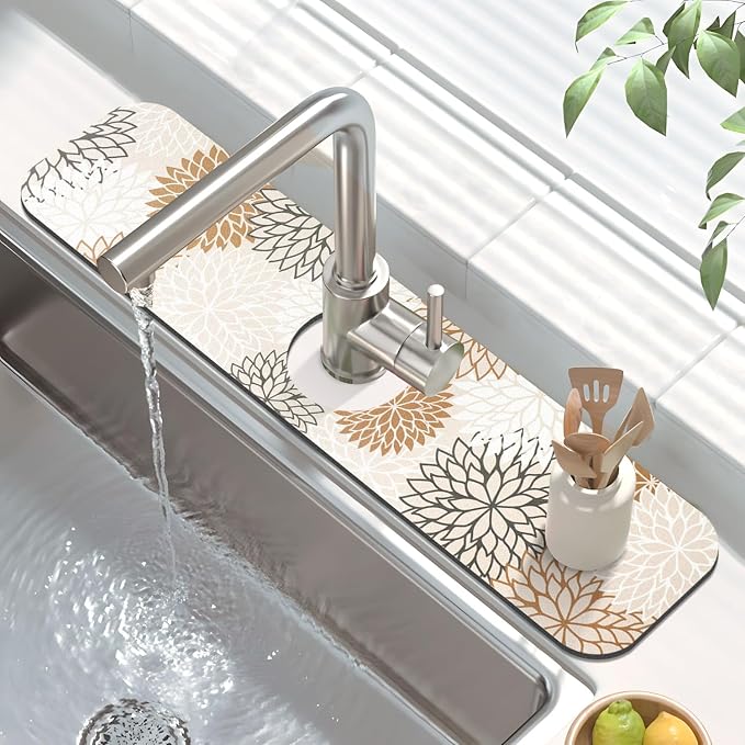 Findosom 2PCS 16" x 24" Dish Drying Mat & 24" x 5.5" Sink Splash Guard, Super Absorbent & Cuttable Dish Mat Drying Kitchen Mat with Brown Floral, Hide Stain Drying Mat for Kitchen Counter - Image 4