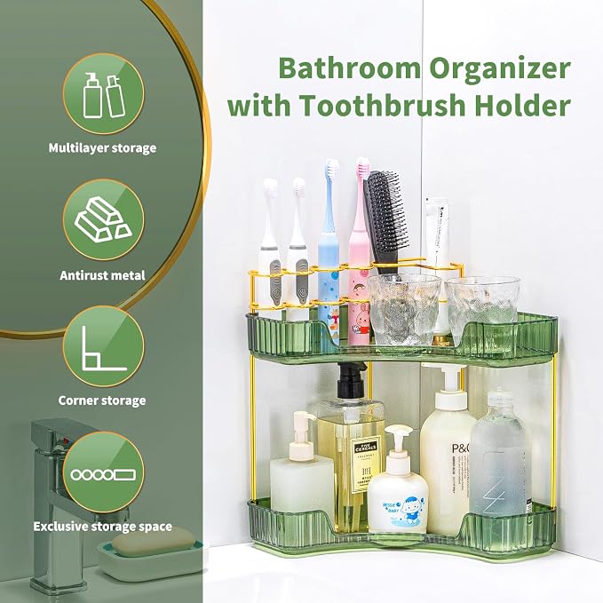 Makeup Organizer 2-Tier Bathroom Counter Organizer with Makeup Brush Holder | Corner Bathroom Organizer Countertop, Acrylic Counter Storage for Bathroom Dresser, Skincare Perfume Organizer- Green - Image 6