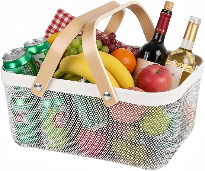 Portable Mesh Harvest Basket - Natural Bamboo Handle Foldable Organizer for Kitchen, Garden & Picnic | Ventilated Storage Bin with Rust-Proof Wire, Space-Saving Farmhouse Decor (White) by Ymeibe