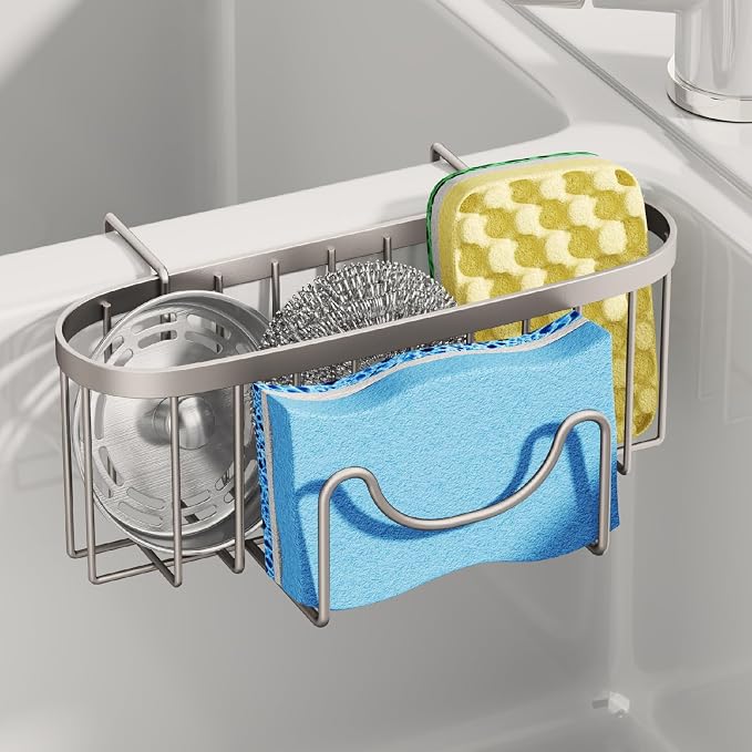 SWTYMIKI Sponge Holder for Kitchen Sink - Movable Kitchen Sink Caddy with M Hook Stainless Steel Hanging Sponges Caddy Organizer in Double Bowl Sinks Depth>3.15in, Middle Divider<1.5in, Sand Nickel L by SwtyMiki-TidyHomeSweetLife