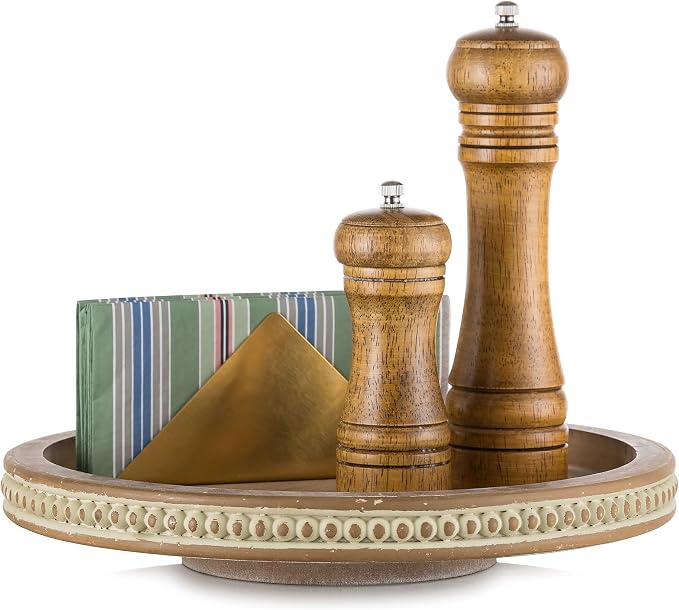Hanobe Lazy Susan Centerpiece Tray, Round Wooden Turntable Organizer, Brown | 12" Home Decor with Beaded, for Dining Table Kitchen Counter Coffee Table by Hanobe