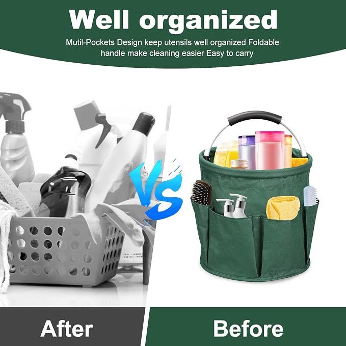 Qivine 17L Cleaning Caddy with Handle, Foldable Cleaning Supply Caddy Green | Cleaning Caddy for Cleaning Supplies, Portable Cleaning Supplies Organizer with 6 Pockets, Cleaning Bucket for Kitchen Garden - Image 3