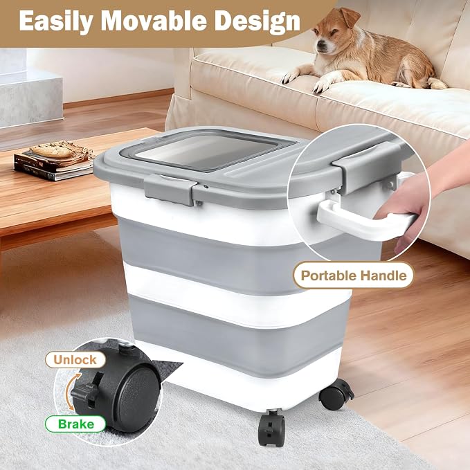 Rice Storage Container, Collapsible Airtight 10-40 Lb Rice Storage Container, 25lb Pet Dog Food Storage Container, Rice Dispenser Bin with Cup and Scoop for Flour Cereal Pasta Grain, Cat Bird - Image 3