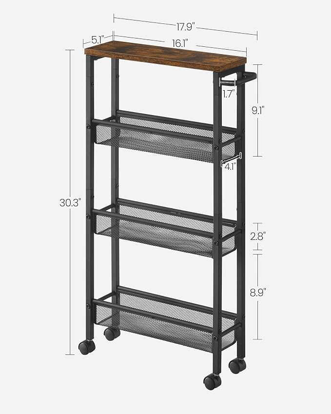 VASAGLE Slim Rolling Cart, 4-Tier Narrow Storage Cart with Handle, 5.1 Inches Deep, Metal Frame, for Kitchen, Dining Room, Living Room, Home Office, Rustic Brown and Classic Black ULRC032B01V1 - Image 6