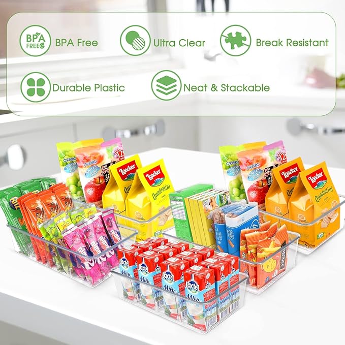 ZIZOTI Snack Organizer for Pantry Shelf, 6 Pack Clear Plastic Pantry Storage Bins with 3 Dividers for Snacks, Spices, Chips Food Organizer, Stackable Pantry Organizers for Kitchen, Fridge, Cabinet - Image 2